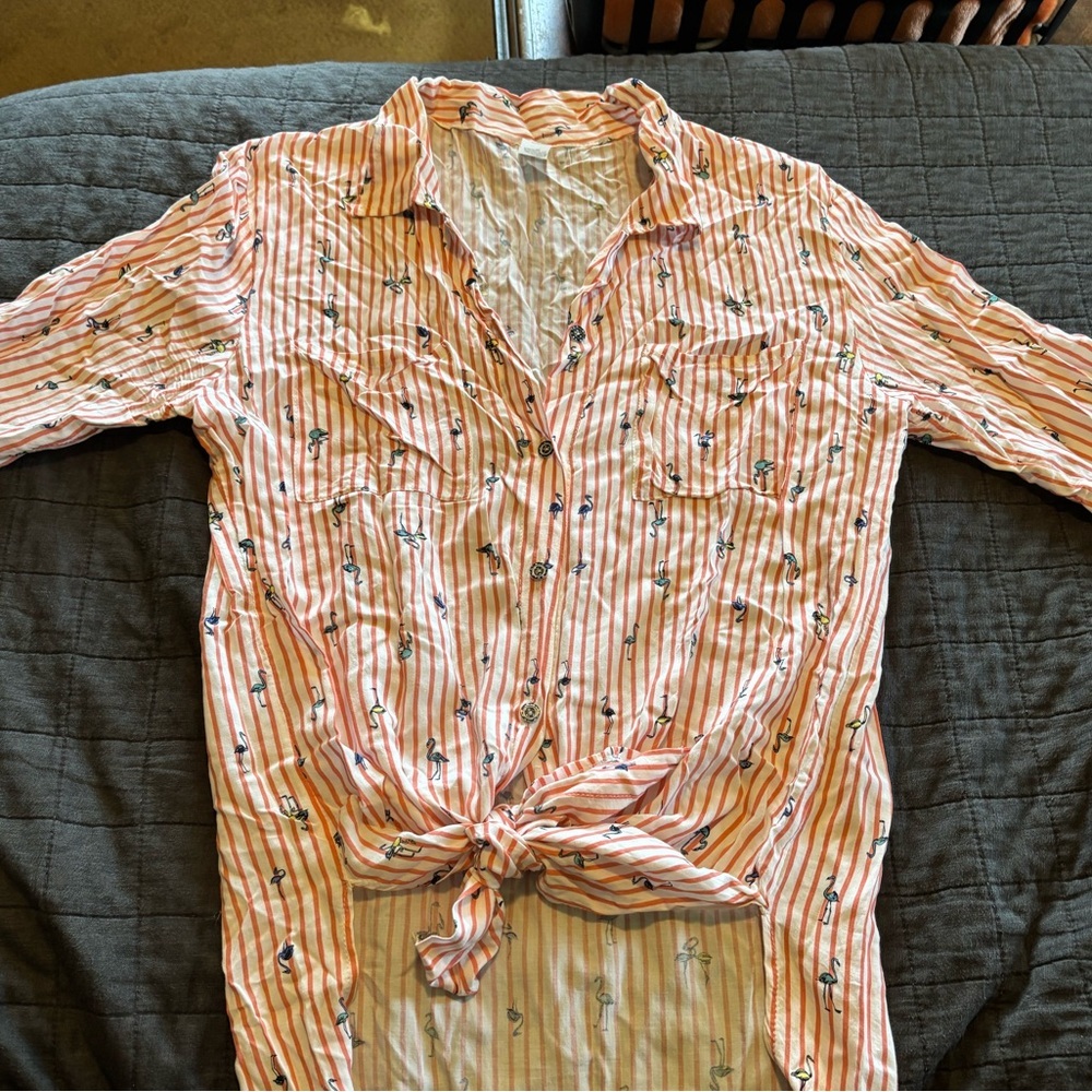 Striped‎ Flamingo Print Tie Front High Low Button Up Shirt Orange White XL